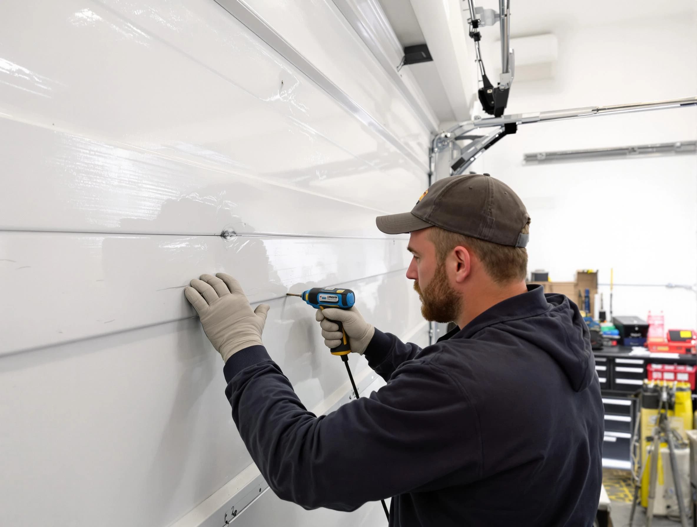 Dallas Garage Door Repair technician demonstrating precision dent removal techniques on a Dallas garage door